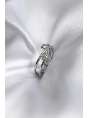 Inure Jewelry Pirinç Gümüş Renk Zirkon Taş Detay Kalp Model Kadın Yüzük