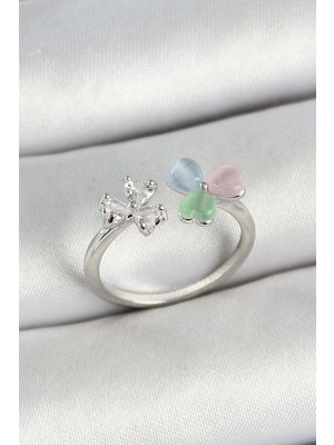 Inure Jewelry Pirinç Kalp Figürlü Zirkon Taşlı Gümüş Renk Ayarlanabilir Kadın Yüzük
