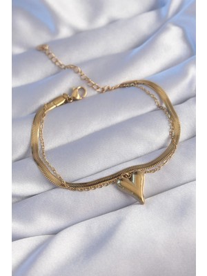 Inure Jewelry 316L Çelik Gold Renk İtalyan Zincirli Kalp Model Bileklik