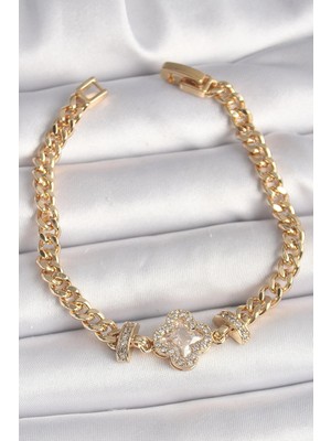 Inure Jewelry Pirinç Gold Renk Zirkon Taşlı Yonca Figür Zincir Model Kadın Bileklik