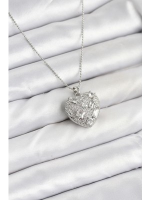 Inure Jewelry 316L Çelik Zincir Gümüş Zirkon Taşlı Kalpli Kadın Kolye