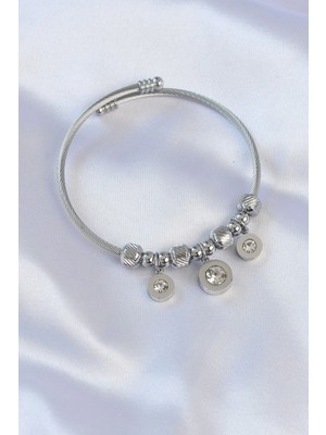 Inure Jewelry 316L Çelik Gümüş Renk Zirkon Taşlı Model Charm Bileklik