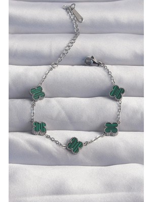 Inure Jewelry 316L Çelik Baby Boy Gümüş Renk Çizgili Yeşil Mineli Yonca Bileklik