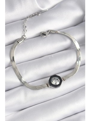 Inure Jewelry 316L Çelik Gümüş Renk Zirkon Taşlı İtalyan Zincir Model Kadın Bileklik