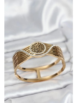 Inure Jewelry 316L Çelik Gold Renk Yaşam Ağacı Modelli Kadın Kelepçe Bileklik