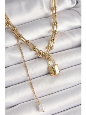 Inure Jewelry 316L Çelik Gold Renk Tifany Zincir Model Kilit Figür Sallantı İnci Detay Kadın Kolye