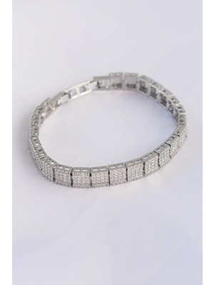 Inure Jewelry Vip Seri Pirinç Zirkon Taşlı Gümüş Renk Kare Su Yolu Model Bileklik