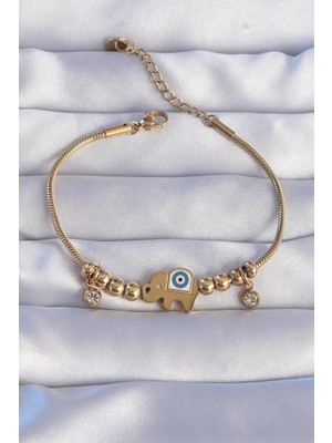 Inure Jewelry 316L Çelik Gold Renk Zirkon Taşlı Nazarlı Fil Tasarımlı Bileklik