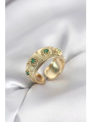 Inure Jewelry Yeşil Zirkon Taşlı Gold Renk Vintage Kadın Yüzük