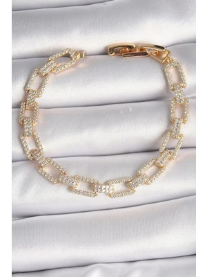 Inure Jewelry Pirinç Gold Renk Zirkon Taşlı Zincir Model VIP Seri Kadın Bileklik