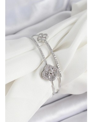 Inure Jewelry Pirinç Gümüş Renk Zirkon Taşlı Yonca Model 2'li Kadın Bileklik