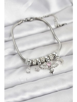 Inure Jewelry Pirinç Gümüş Renk Kanatlı Charmlı Kadın Bileklik