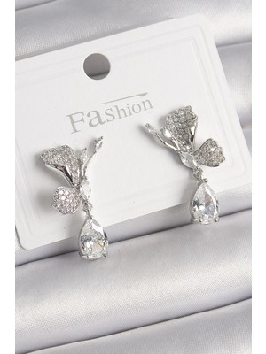 Inure Jewelry Pirinç Gümüş Renk Zirkon Taşlı Turna Kuşu Model Sallantı Detay Kadın Küpe