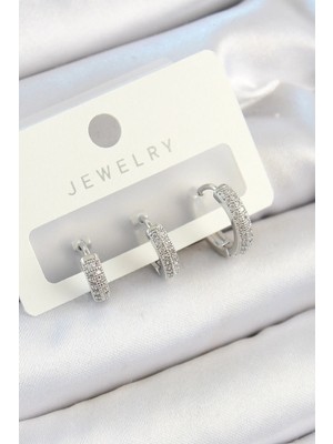 Inure Jewelry Pirinç Zirkon Taşlı Halka Model Gümüş Renk 3'lü Çift Kadın Küpe Set