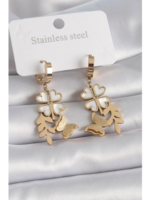 Inure Jewelry 316L Çelik Gold Renk Beyaz Sedefli Yonca Simli Kelebek Figür Kadın Küpe