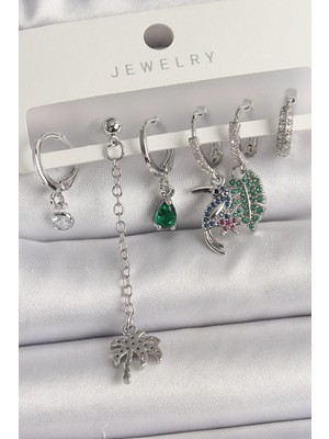 Inure Jewelry Pirinç Gümüş Renk Sallantı Zirkon Taşlı Ağaç Figür Çoklu Kadın Küpe Seti