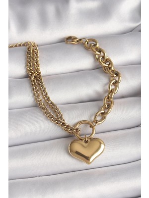 Inure Jewelry 316L Çelik Gold Renk 2'Li Zincir Model Kalp Figür Kadın Bileklik