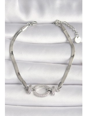Inure Jewelry 316L Çelik Gümüş Renk İtalyan Zincir Model Zirkon Taşlı Halka Figür Kadın Bileklik