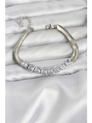 Inure Jewelry 316L Çelik Gümüş Renk Kare Zirkon Taşlı Yılan Zincirli Kadın Bileklik