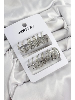 Inure Jewelry Pirinç Karışık Halka Model Gümüş Renk 6 Çift Kadın Küpe Set