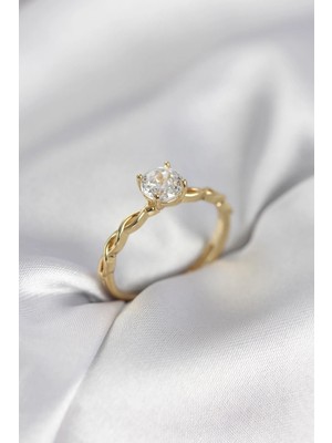 Inure Jewelry Gold Renk Sarmal Zincir Model Tek Taş Model Zirkon Taşlı Kadın Yüzük