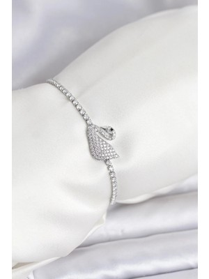 Inure Jewelry Kuğu Model Zirkon Taşlı Gümüş Renk Asansörlü Su Yolu Bileklik