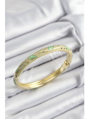 Inure Jewelry Mineli Pirinç Yeşil Yaprak Motifli Gold Renk Kadın Kelepçe