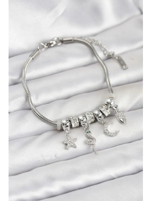 Inure Jewelry Pirinç Gümüş Renk Yılan Charmlı Kadın Bileklik