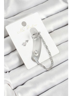 Inure Jewelry Pirinç Ok Figürlü Zirkon Taşlı Gümüş Renk 3'lü Kıkırdak Kadın Küpe Set