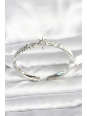 Inure Jewelry Pirinç Gümüş Renk Kutup Yıldızı Model Kadın Kelepçe Bileklik