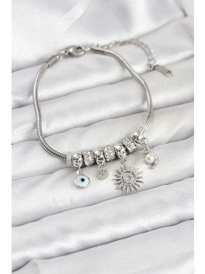 Inure Jewelry Pirinç Gümüş Renk Güneş Charmlı Kadın Bileklik