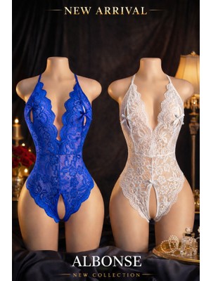 albonse Mavi-Beyaz Özel Bölgesi ve Sırtı Açık Dantel Detaylı Fantezi Gecelik Takım