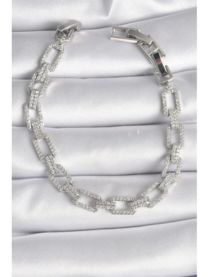 Inure Jewelry Pirinç Gümüş Renk Zirkon Taşlı Zincir Model VIP Seri Kadın Bileklik