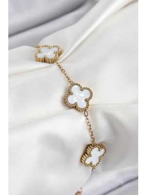 Inure Jewelry 316L Çelik Beyaz Sedef Yonca Model Gold Renk Kadın Bileklik
