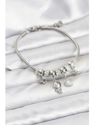 Inure Jewelry Pirinç Gümüş Renk Uzay Tema Charmlı Kadın Bileklik