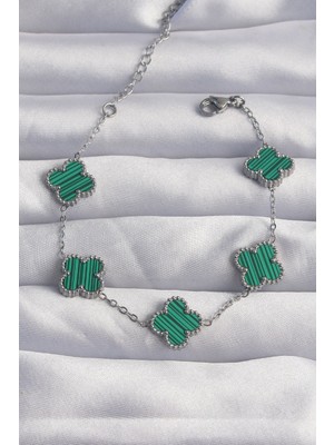 Inure Jewelry 316L Çelik Gümüş Renk Çizgili Yeşil Mineli Yonca Bileklik