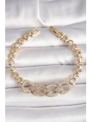Inure Jewelry Pirinç Gold Renk Zirkon Taşlı Daire Zincir Model Kadın Bileklik