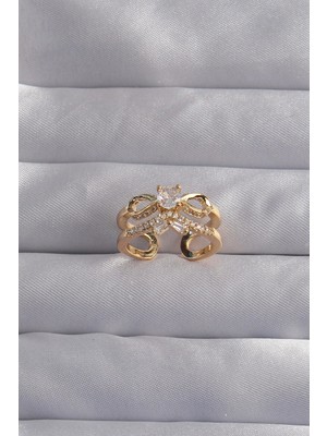 Inure Jewelry Pirinç Ayarlamalı Gold Renk Zirkon Taşlı 2li Görünüm Fiyonk Yüzük