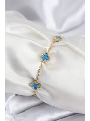 Inure Jewelry 316L Çelik Gold Renk Buz Mavisi Baby Boy Yonca Kadın Bileklik