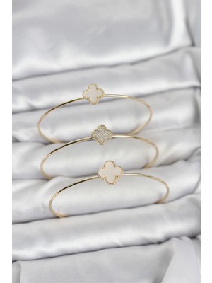 Inure Jewelry Gold Renk Yonca Model Zirkon Taşlı 3'lü Kadın Bileklik Kombini