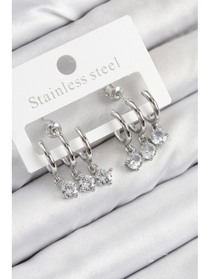 Inure Jewelry Pirinç Sallantılı Zirkon Taşlı Model Gümüş Renk Kadın Küpe