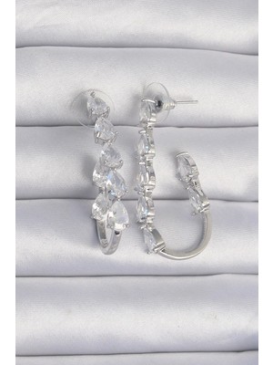 Inure Jewelry Pirinç Gümüş Renk Damla Zirkon Taş Tasarımlı Küpe