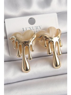 Inure Jewelry Pirinç Gold Renk Beyaz Sedefli Akan Kalp Model Kadın Küpe