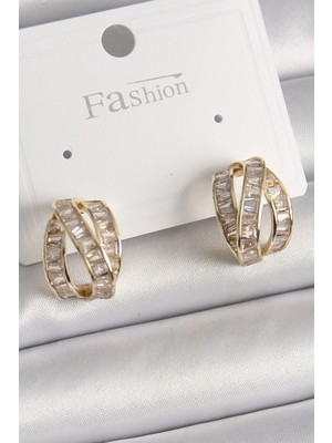 Inure Jewelry Pirinç Gold Renk Zirkon Taşlı Düğüm Halka Model Kadın Küpe