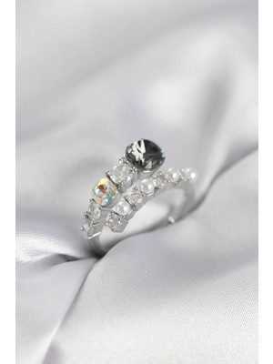 Inure Jewelry Gümüş Renk Pirinç Zirkon Taşlı İncili Kadın Yüzük
