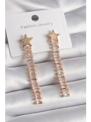 Inure Jewelry Pirinç Gold Renk Yıldız Model Su Yolu Zirkon Taşlı Kadın Küpe