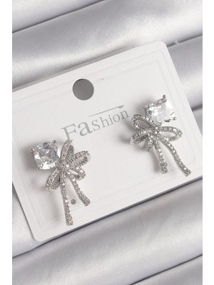 Inure Jewelry Pirinç Gümüş Renk Zirkon Taşlı Kurdele Model Kadın Küpe