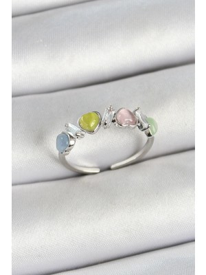 Inure Jewelry Pirinç Sıralı Kalp Figürlü Zirkon Taşlı Gümüş Renk Ayarlanabilir Kadın Yüzük