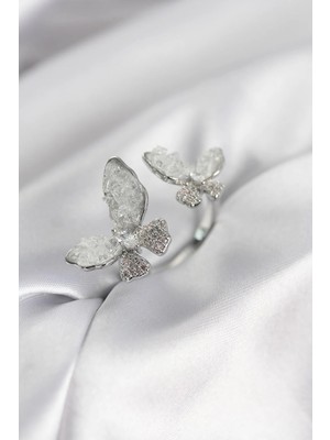 Inure Jewelry Gümüş Renk Beyaz Kelebek Model Zirkon Taşlı Kadın Yüzük