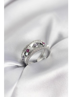Inure Jewelry Gümüş Renk Zirkon Taşlı Vintage Kadın Yüzük